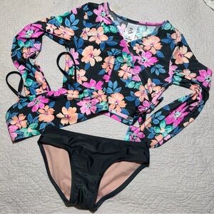 art class Black Floral Swim Set with Pink Peach & Teal Accents Girls M8